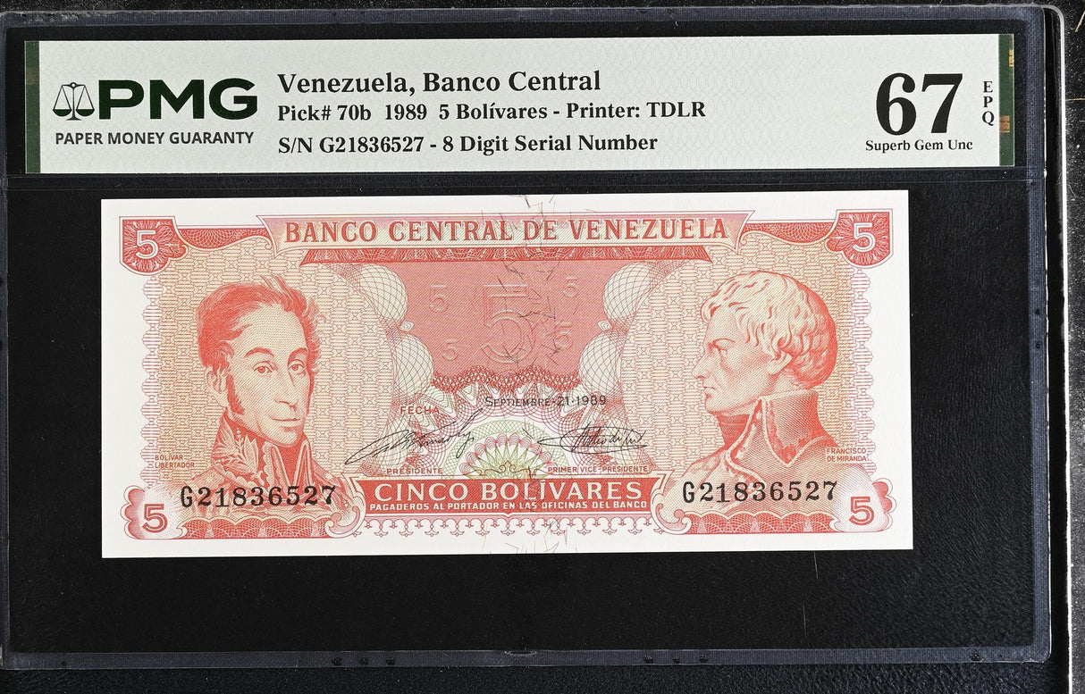 Venezuela 5 Bolivares 1989 P 70 b Superb Gem UNC PMG 67 EPQ