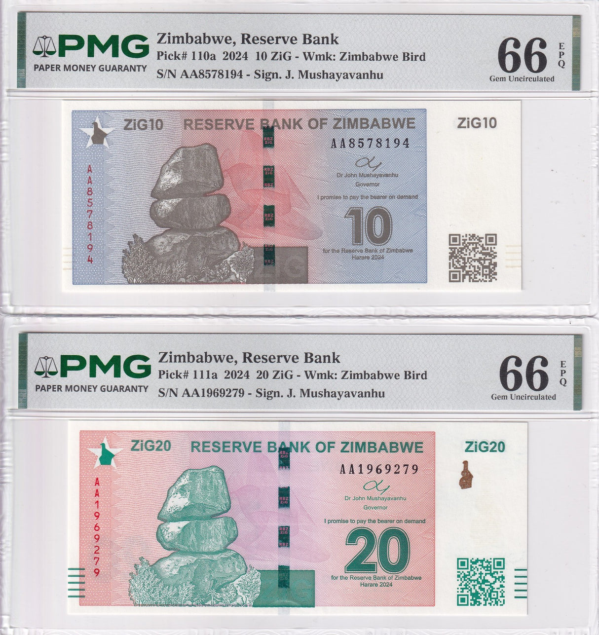 Zimbabwe Set 2; 10 20 ZIG 2024 P 110 P 111 Gem UNC PMG 66 EPQ