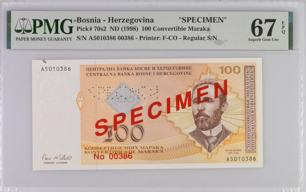 Bosnia 100 Convertible Maraka ND 1998 P 70 s SPECIMEN Superb Gem UNC PMG 67 EPQ