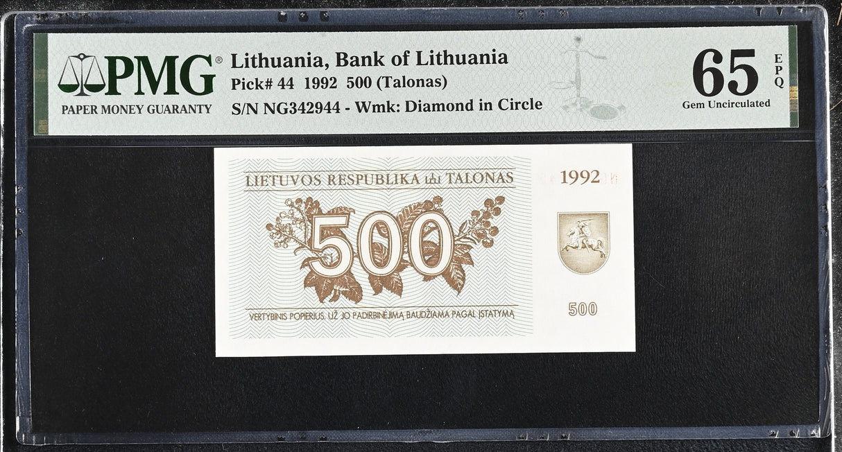 Lithuania 500 Talonu 1992 P 44 Gem UNC PMG 65 EPQ