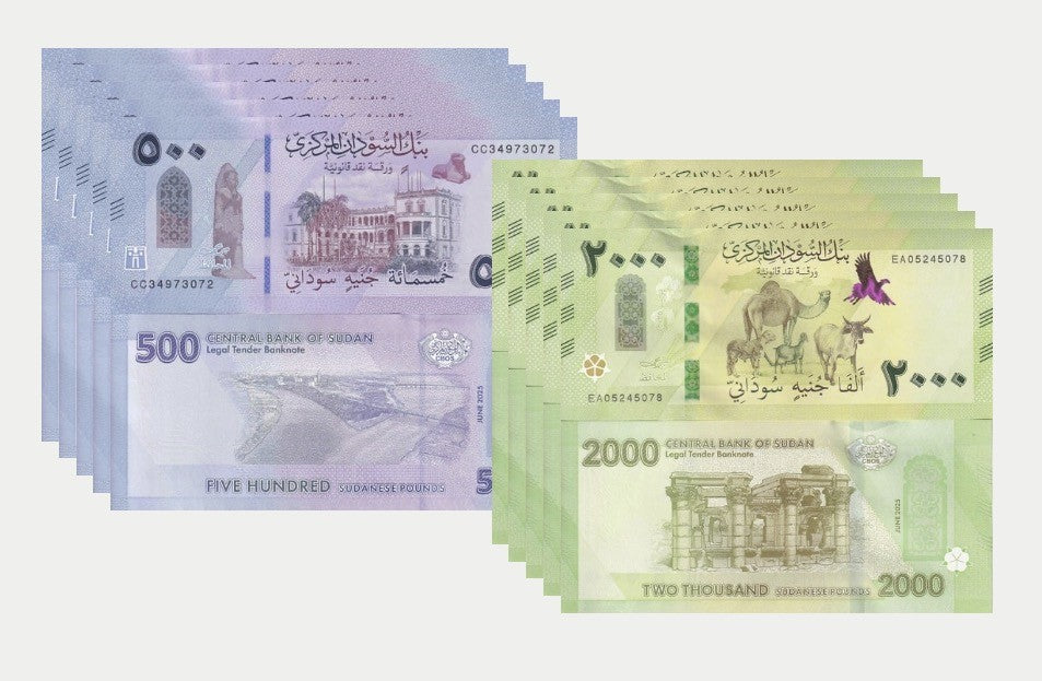 Sudan set 2 x LOT 5 = 10 UNC 500 2000 Pounds 2025 / 2026 P New Design Camel