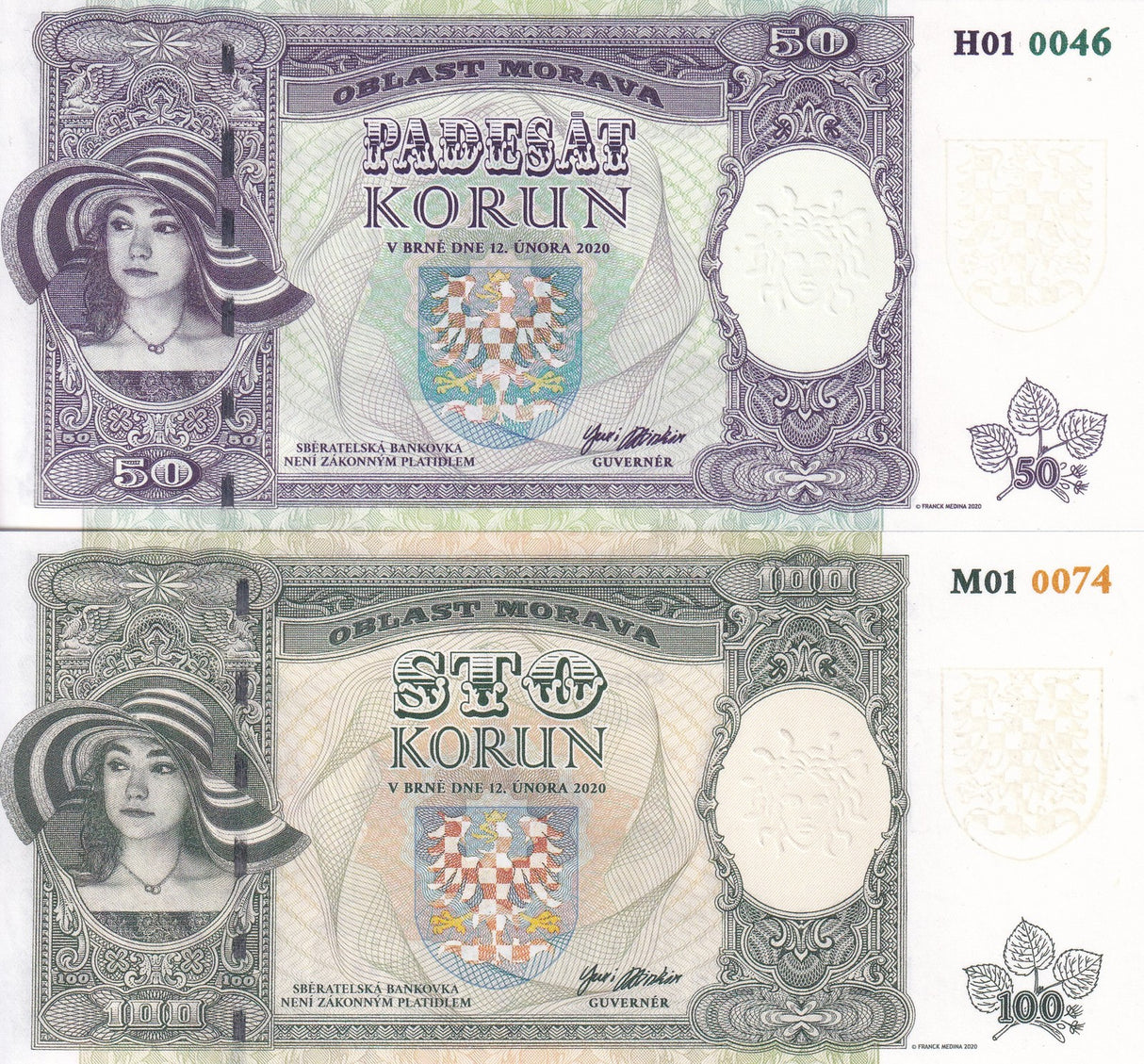 MORAVIA Set 2 Pcs 50 100 KORUN PRIVATED ISSUED 2020 CASTLE HRAD MIKULOV