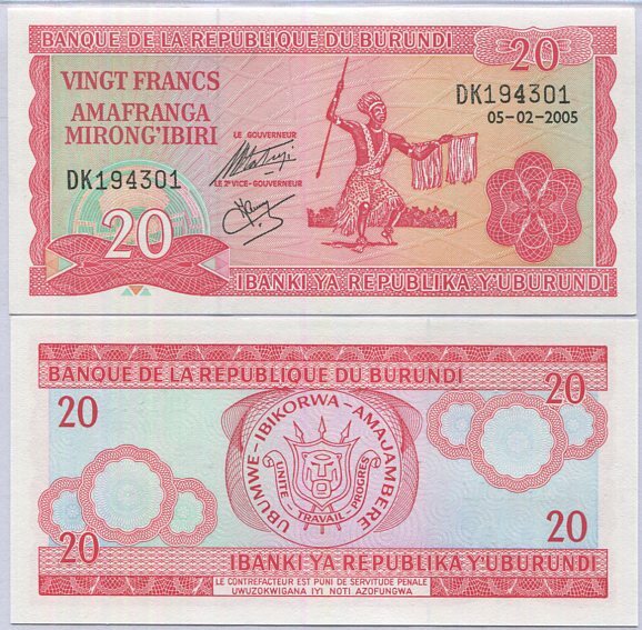 Burundi 20 Francs 2005 P 27 UNC