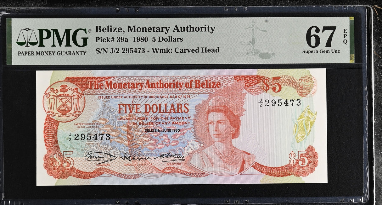 Belize 5 Dollars 1980 P 39 a Superb Gem UNC PMG 67 EPQ