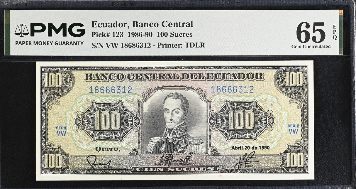 Ecuador 100 Sucres 1990 P 123 GEM UNC PMG 65 EPQ
