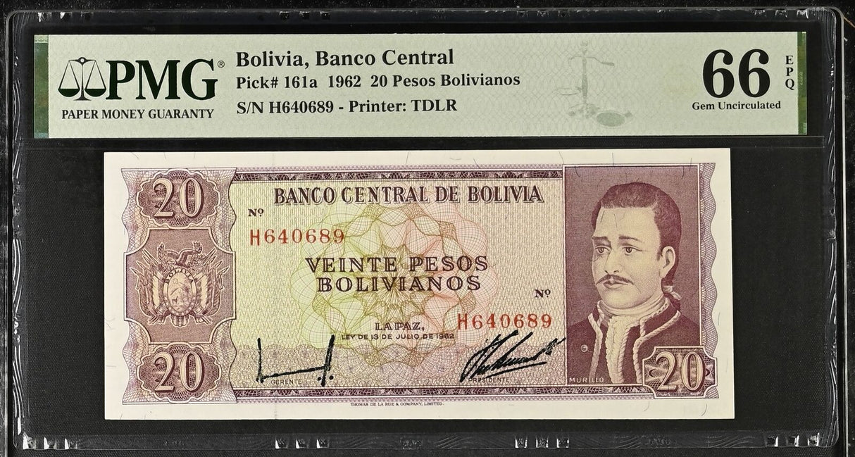 Bolivia 20 Pesos Bolivianos 1962 P 161 a Gem UNC PMG 66 EPQ TOP POP