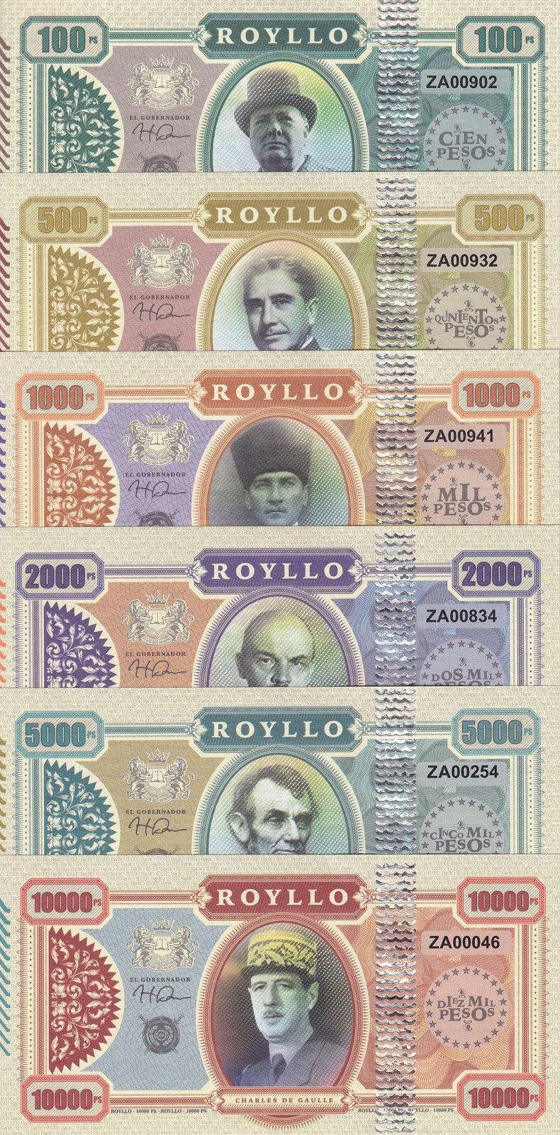 Royllo Set 6 , 100 500 - 2000 -10000 Rands 2019 Fantasy Gaulle Lincoln Lenin