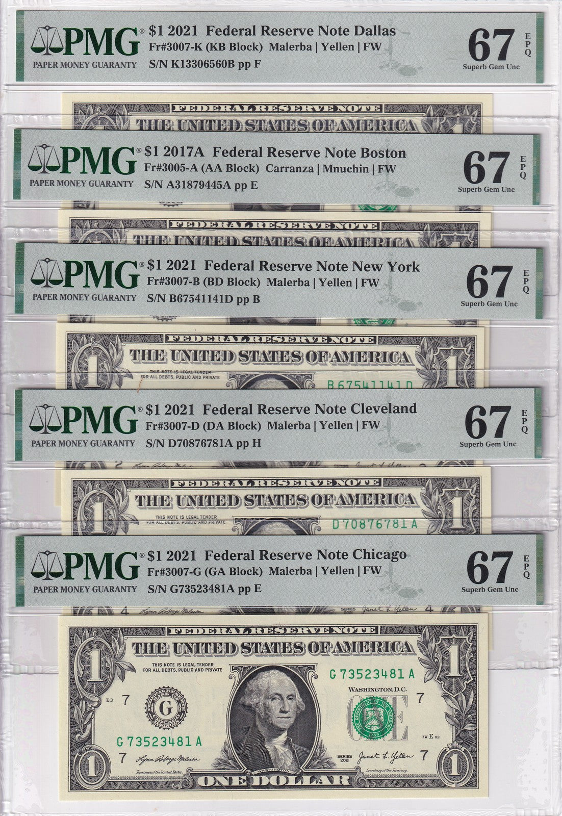 United States SET 5 ,1 Dollar USA FRN Mixed State Superb Gem UNC PMG 67 EPQ