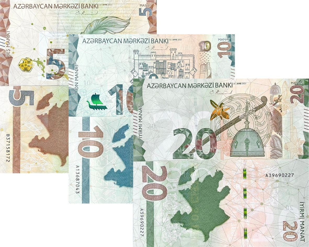 Azerbaijan Set 3 UNC 5 10 20 Manat ND Random Year P 39 40 41