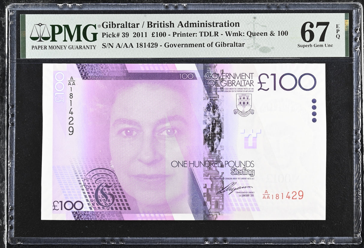 Gibraltar 100 Pounds 2011 P 39 Superb Gem UNC PMG 67 EPQ