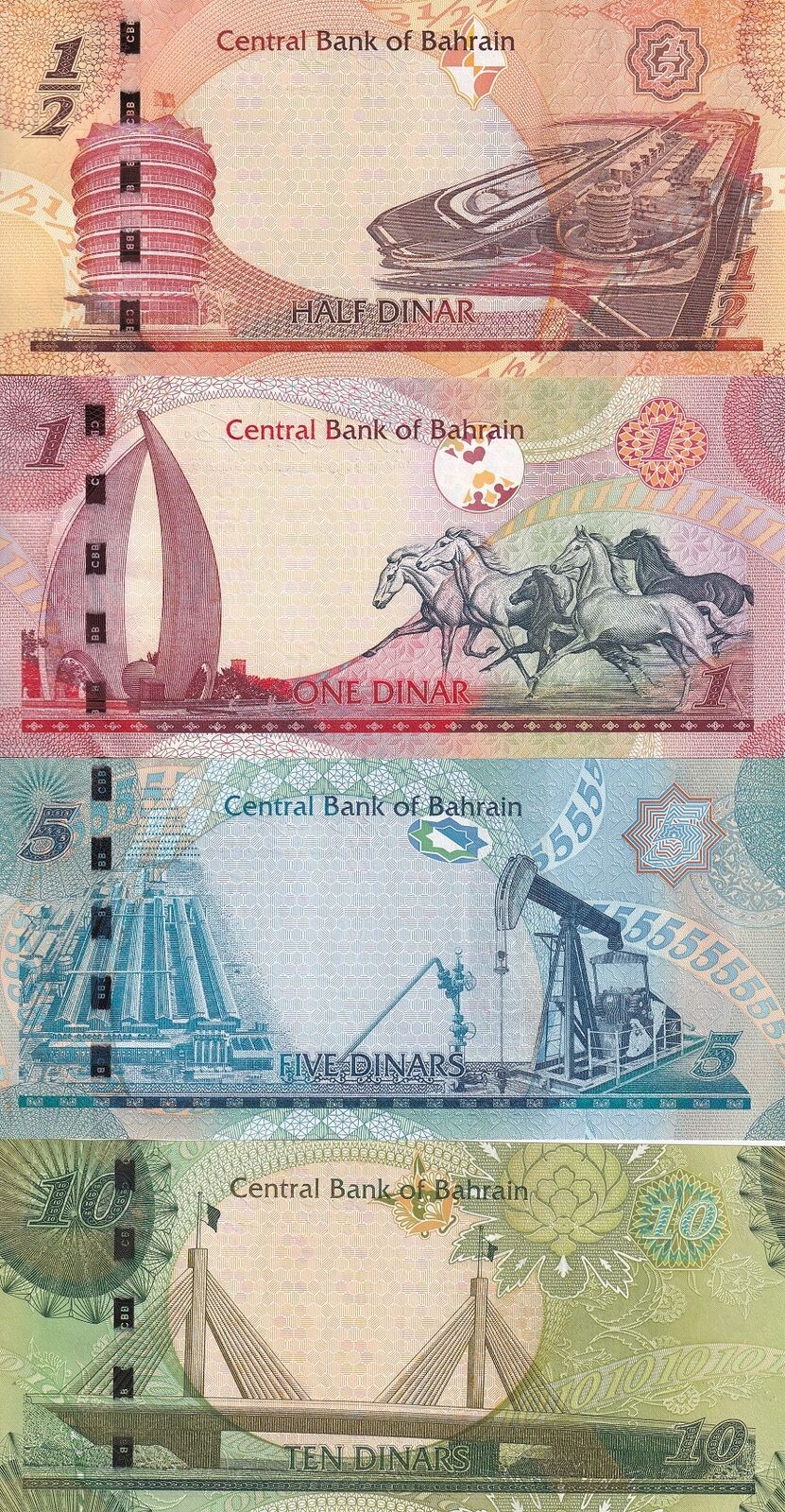 Bahrain Set 4 PCS 1/2 1 5 10 Dinars 2006 ND 2008 P 25 26 27 P 28 UNC