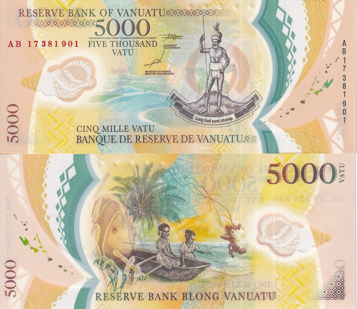 Vanuatu 5000 Vatu 2017 P 19 Polymer UNC ,Canoe, mountain, Gol diving