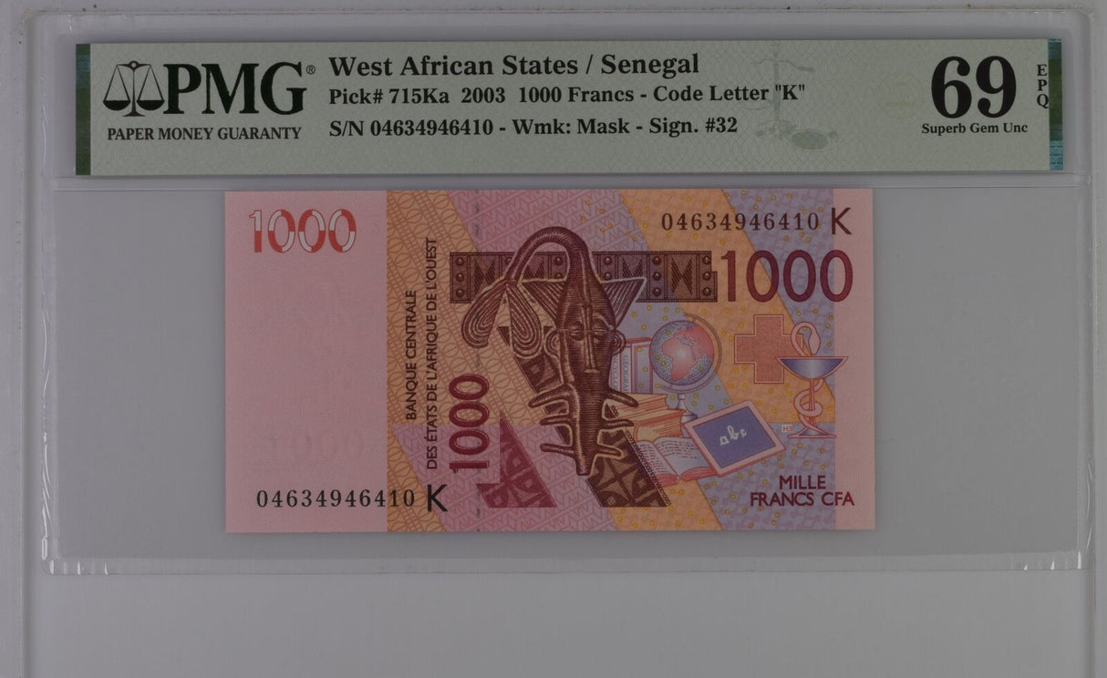 WEST AFRICAN STATES SENEGAL 1000 Francs 2003 P 715K Superb Gem UNC PMG 69 EPQ