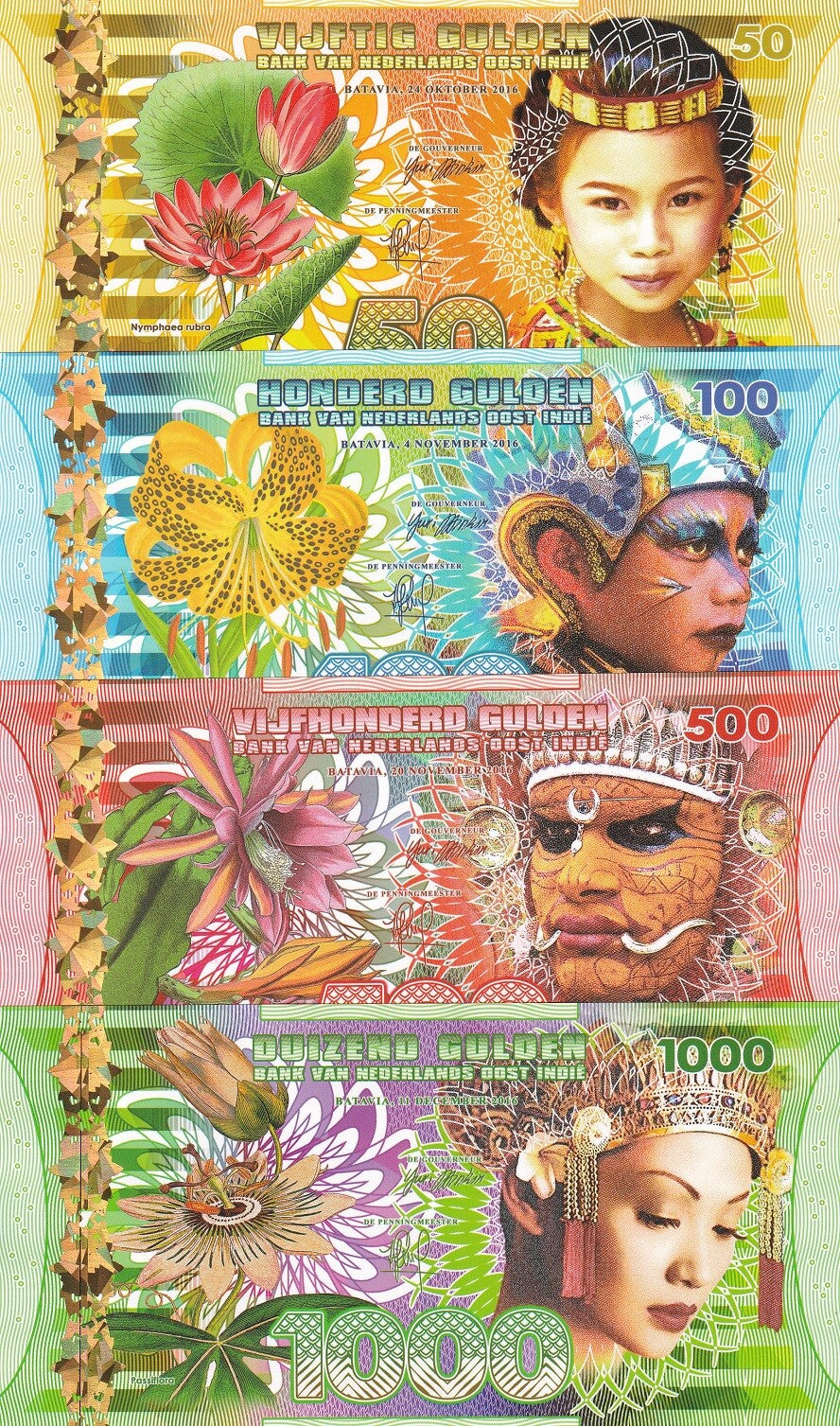 Netherlands Indies (Indonesia) Set 4 PCS 50 100 500 1000 Gulden 2016 Fantasy