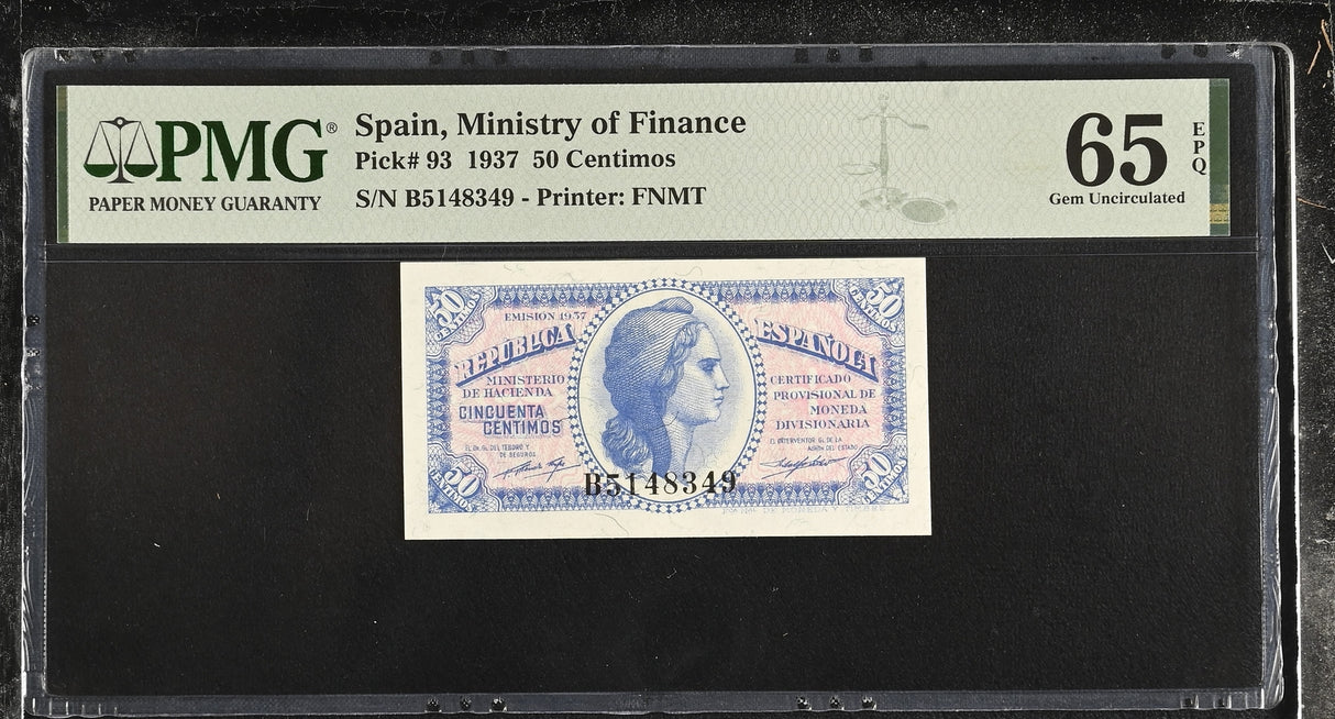 Spain 50 centimos 1937 P 93 Gem UNC PMG 65 EPQ