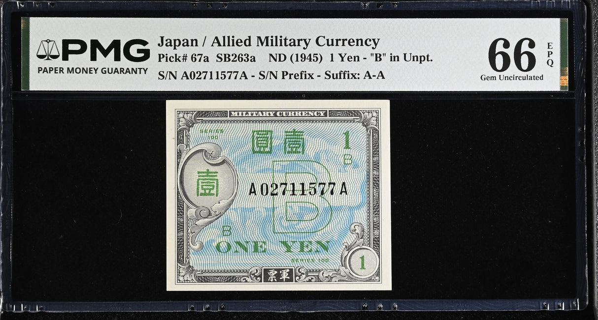 Japan 1 Yen ND 1945 P 67 a Gem UNC PMG 66 EPQ