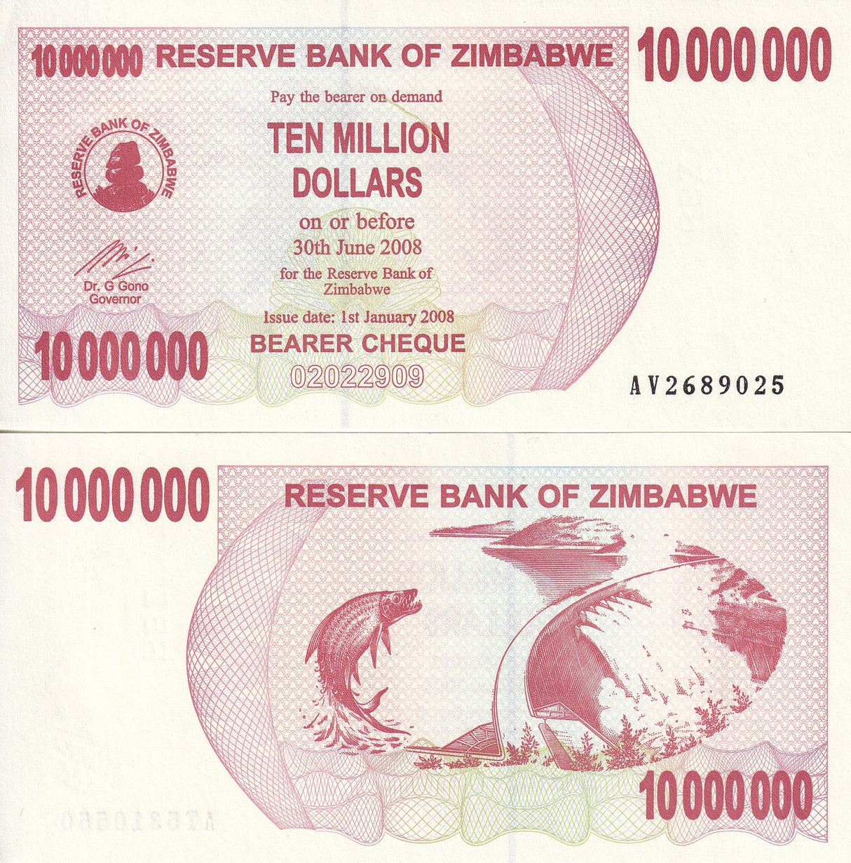 Zimbabwe 10 Million Dollars 2008 P 55 AUnc