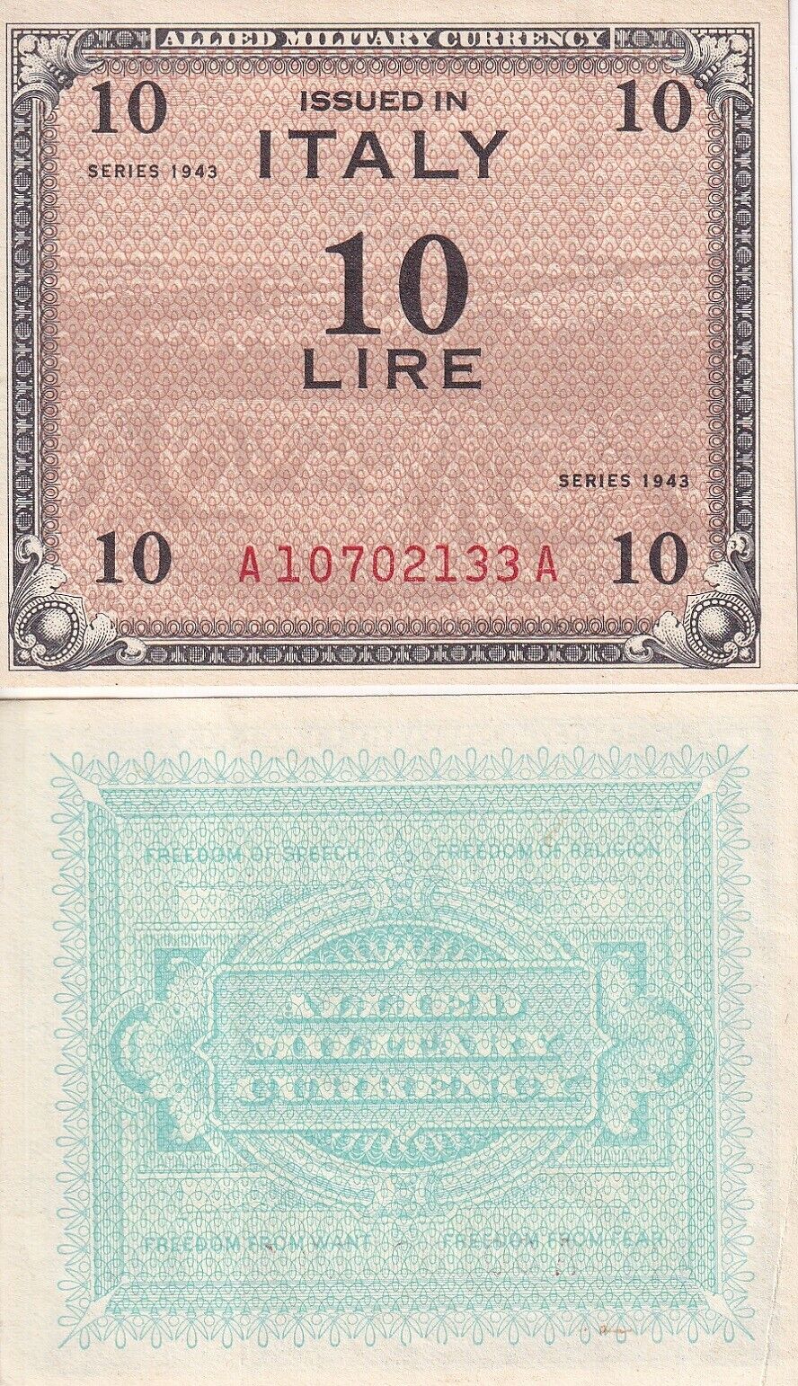 Italy 10 Lire 1943 Allied Military P M13b XF/VF