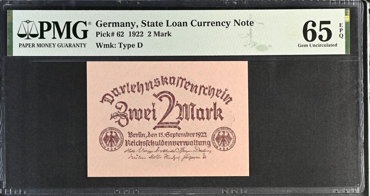 Germany 2 Mark 1922 P 62 Gem UNC PMG 65 EPQ