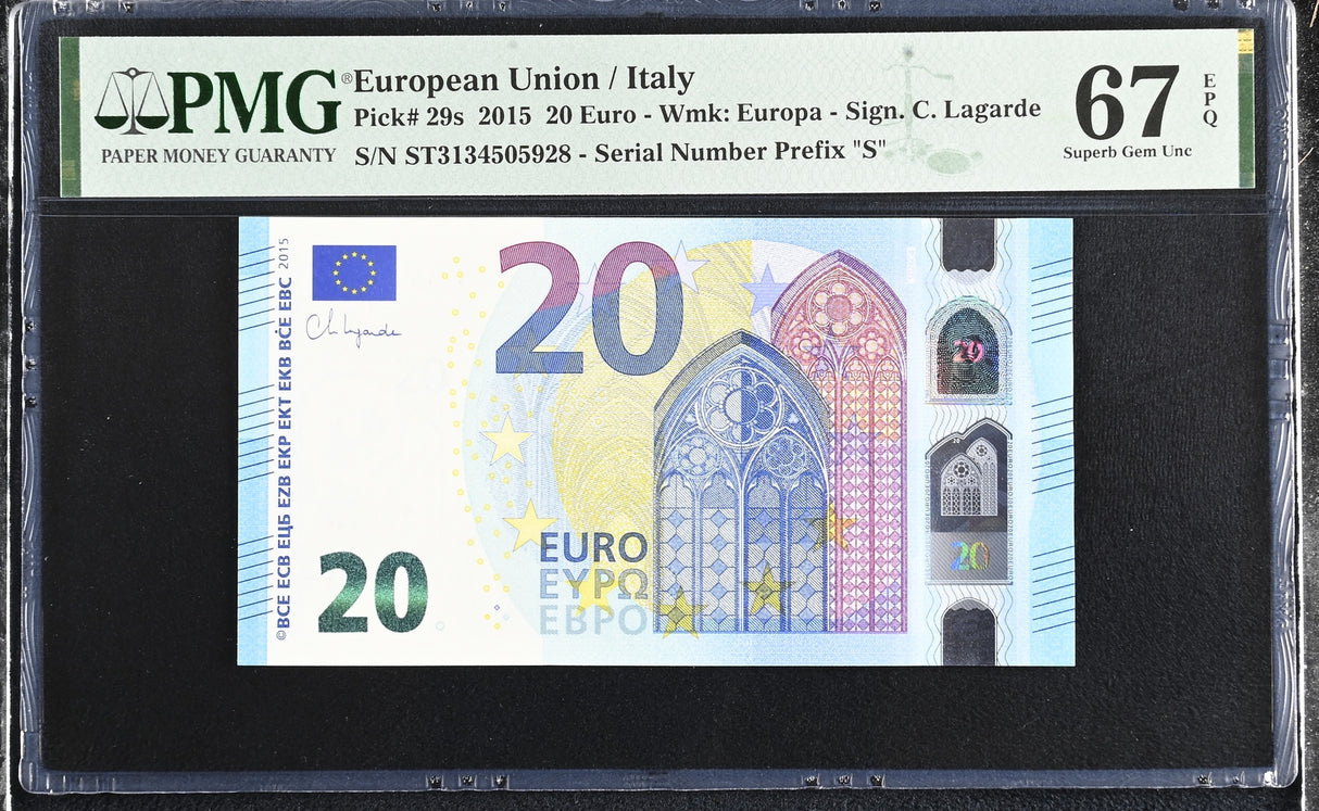 Euro 20 Euro Italy 2015 P 29 S Prefix Superb Gem UNC PMG 67 EPQ