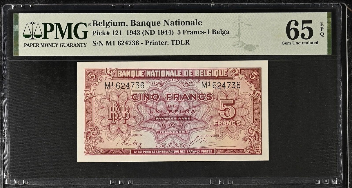 Belgium 5 Francs 1943 ND 1944 P 121 Gem UNC PMG 65 EPQ