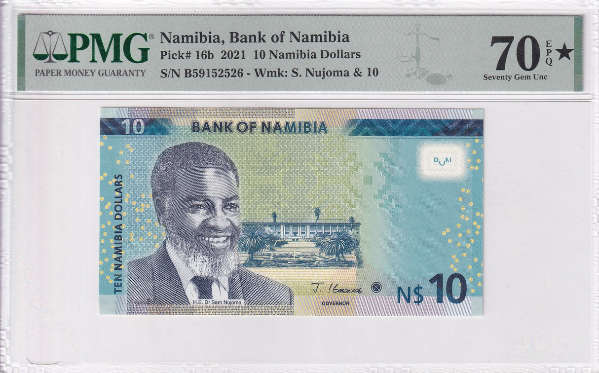 Namibia 10 Namibia Dollars 2021 P 16 b Superb Gem UNC PMG 70 EPQ Extra Star