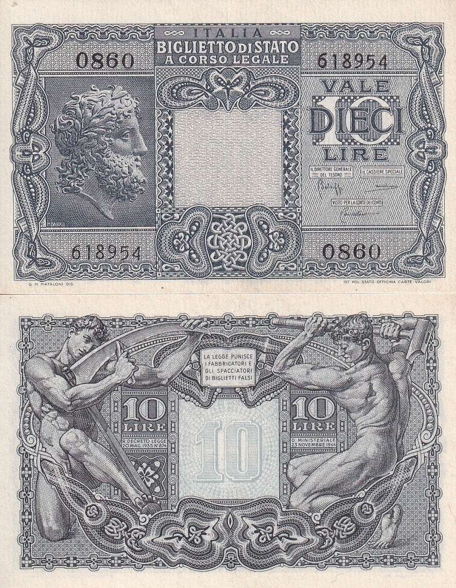 Italy 10 Lire 1944 P 32 c Sign Bolaffi Cavallaro Giovinco UNC