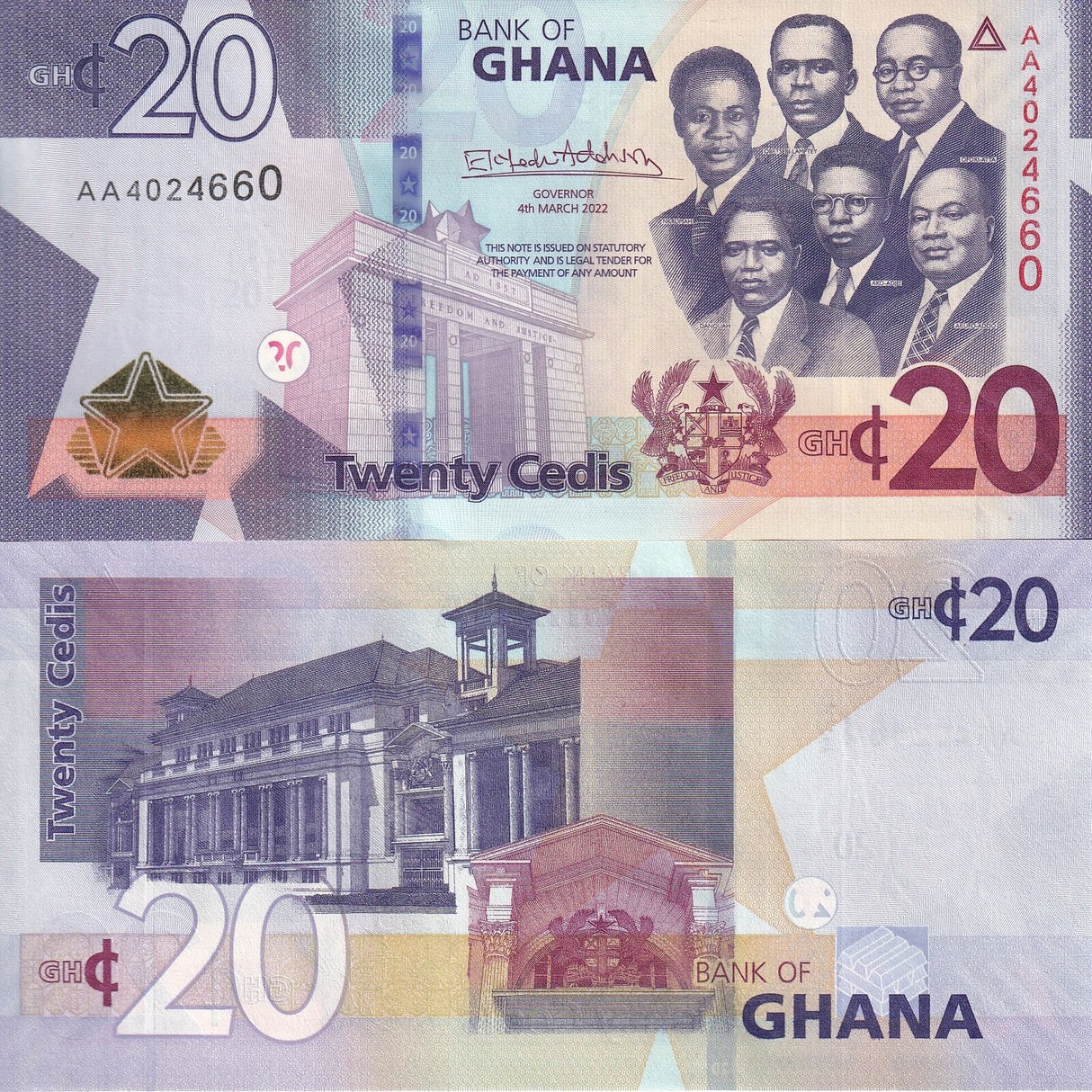 Ghana 20 Cedis 2022 P 48 AA Prefix UNC
