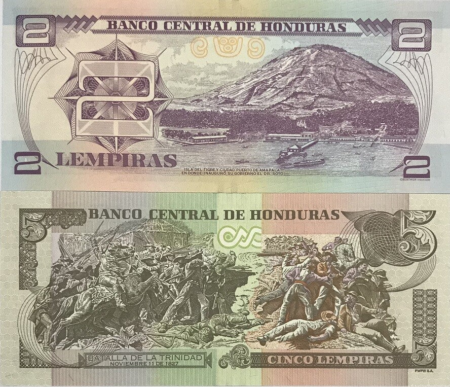 Honduras Set 2 Pcs 2 5 Lempiras Random Year P 97 98 UNC
