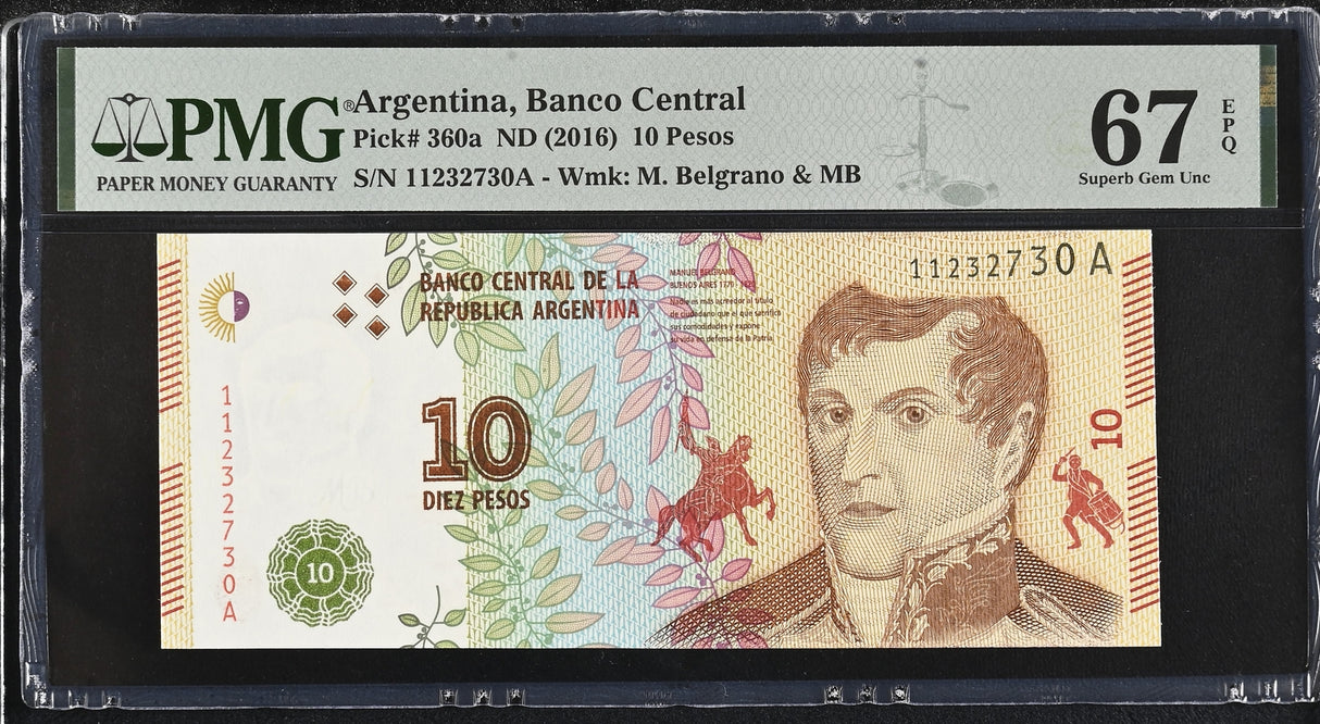 Argentina 10 Pesos ND 2016 P 360 a Superb Gem UNC PMG 67 EPQ