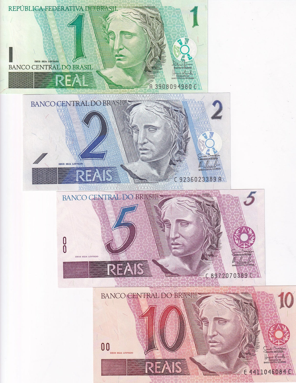 Brazil SET 4 Pcs 1 2 5 10 Reais Random Sign P 224A P 245 P 249 P 251 UNC
