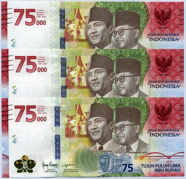Indonesia 75000 Rupiah 2020 75th Commemorative P 161 UNC Lot 3 Pcs