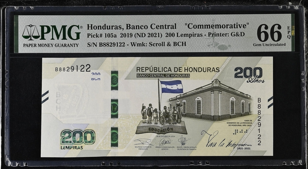 Honduras 200 Lempiras 2019 ND 2021 P 105 a Comm. Gem UNC PMG 66 EPQ