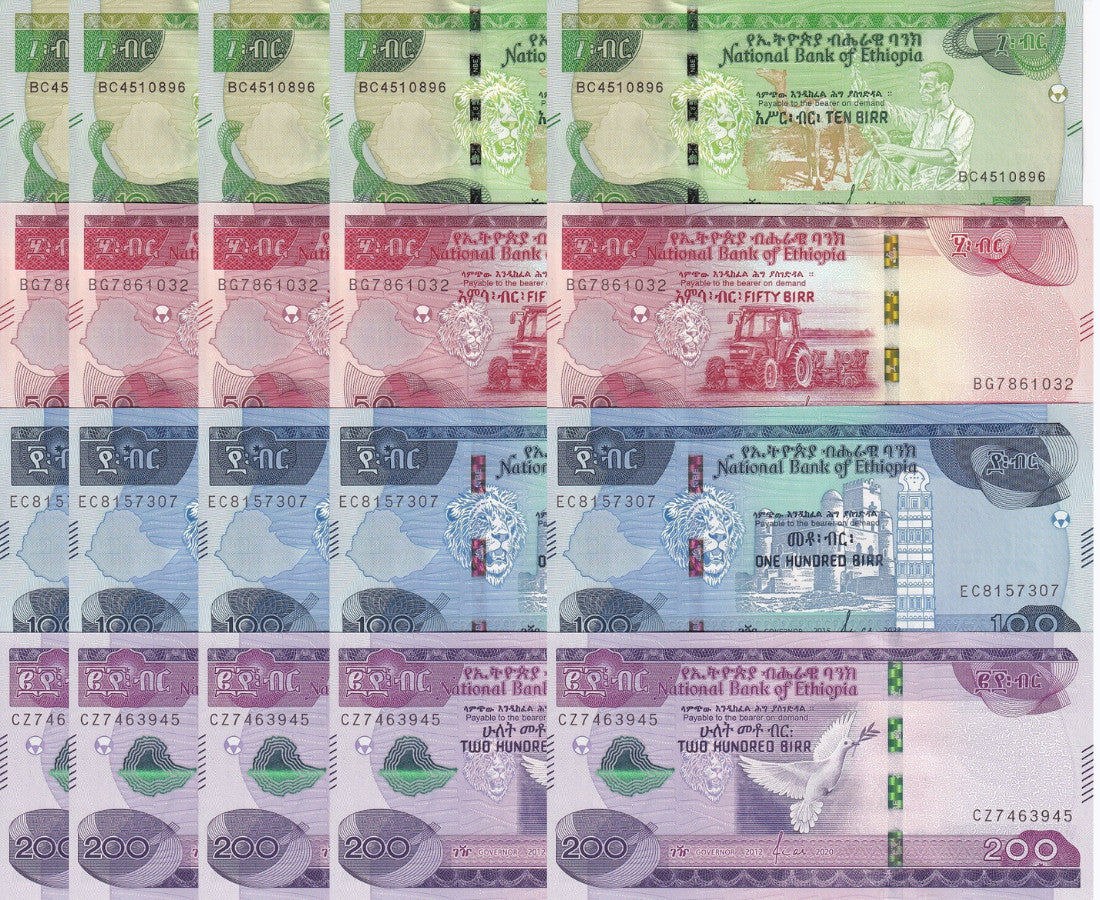 Ethiopia Set 4 x 5 sets = 20 UNC 10 50 100 200 Birr 2012/2023 P 53 54 55 56