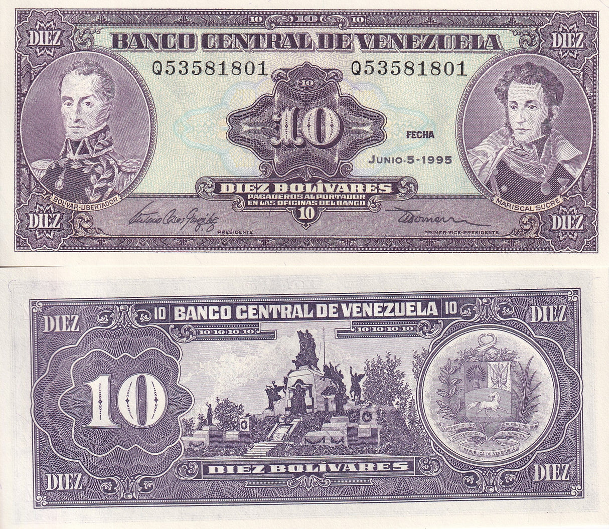 Venezuela 10 Bolivares 1995 P 61 d UNC