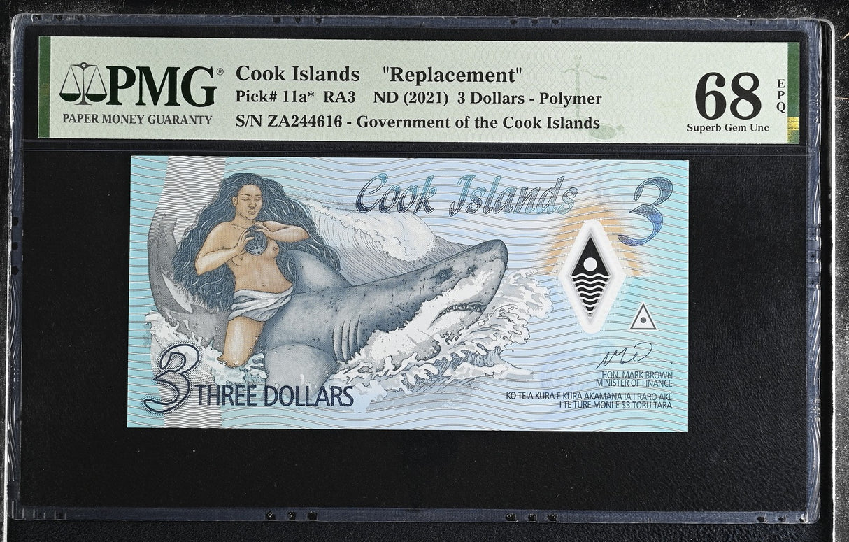 Cook Islands 3 Dollars ND 2021 ZA P 11 a* Replacement Superb Gem UNC PMG 68 EPQ