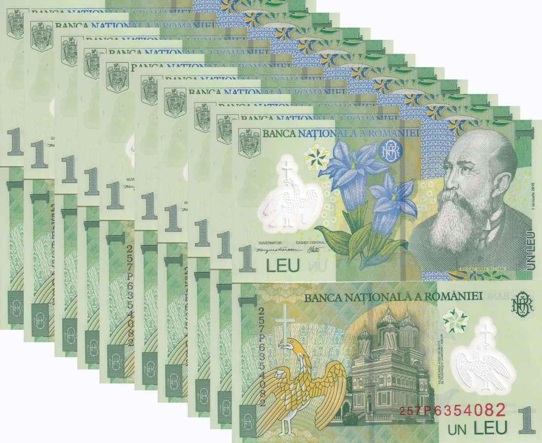Romania 1 Leu 2018/2025 P 117 New Date Polymer UNC LOT 10 PCS