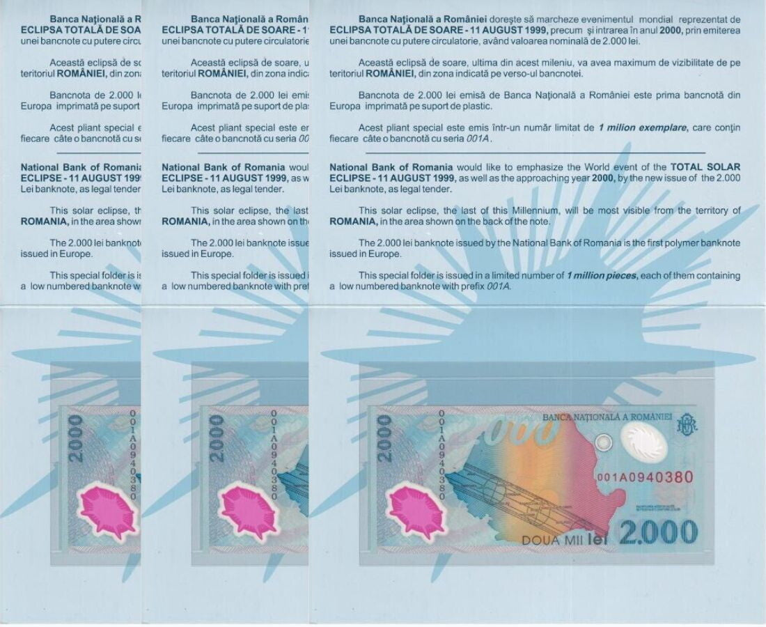 Romania 2000 Lei 1999 P 111 001A Polymer UNC With Folder LOT 3 PCS