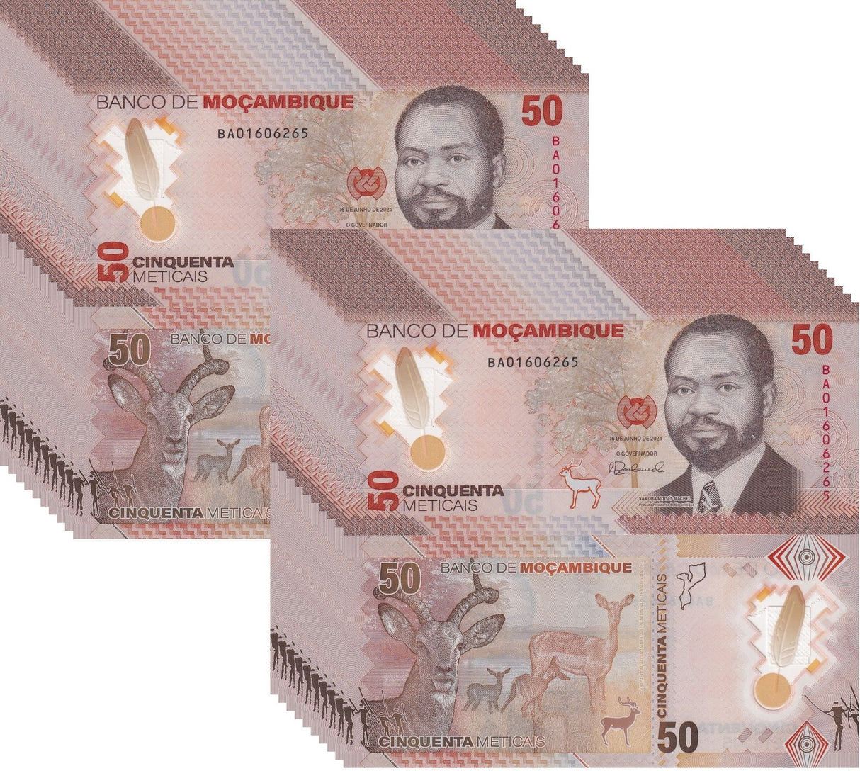 Mozambique 50 Meticais 2024 Polymer P 156 UNC LOT 20 PCS 1/5 Bundle