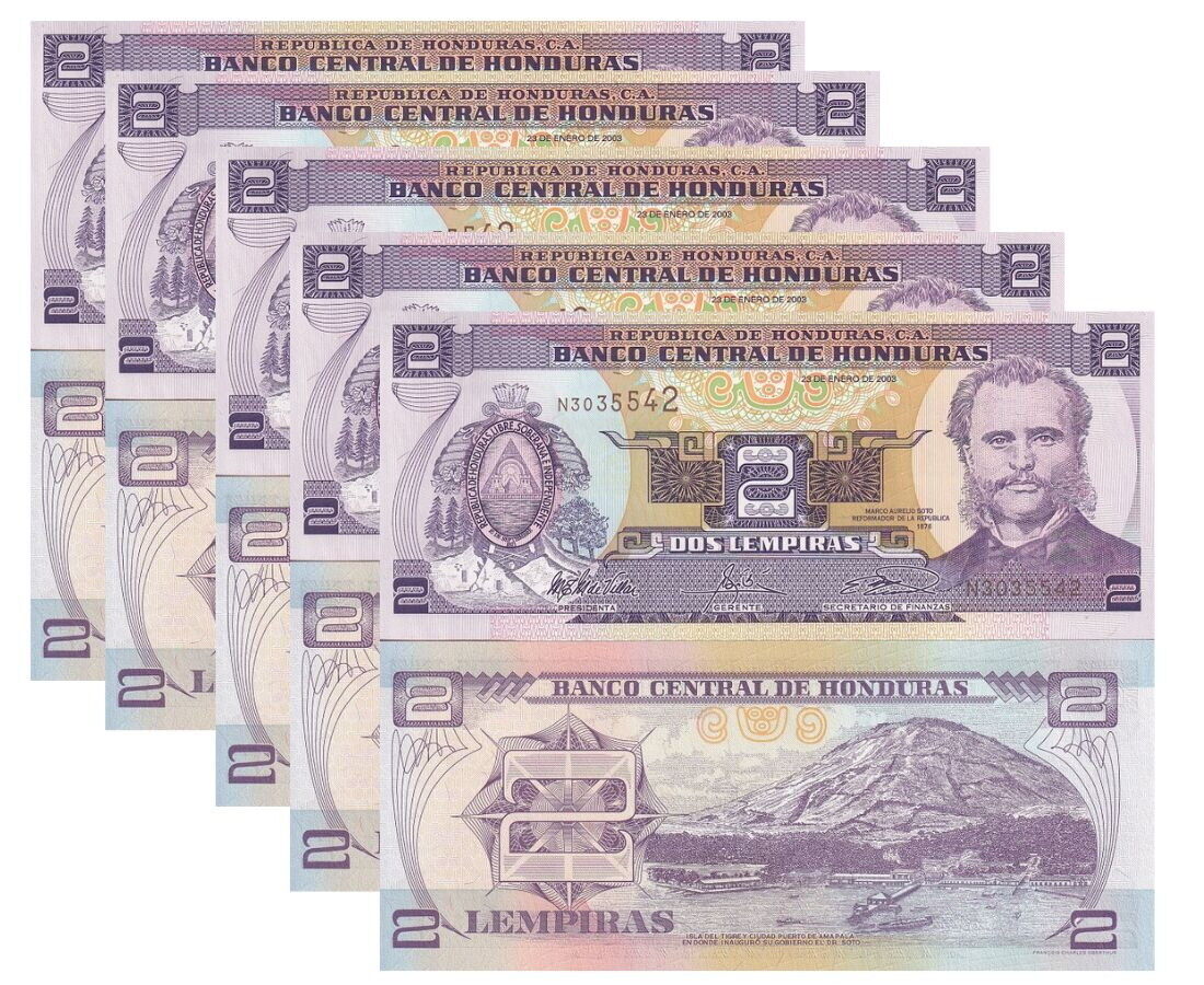 Honduras 2 Lempiras 2003 P 80Ad UNC LOT 5 PCS