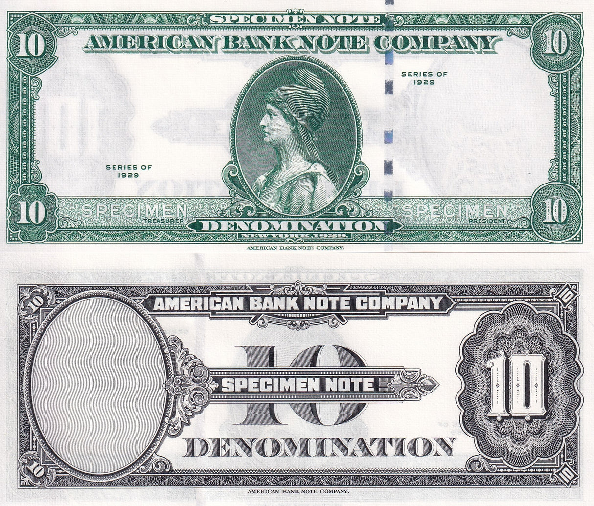 TEST NOTE American Bank Notes Company(USA) 10 Units 1929 (ND1960-1970) Specimen