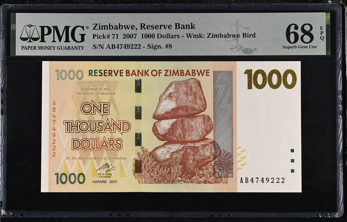 Zimbabwe 1000 Dollars 2007 P 71 Superb Gem UNC PMG 68 EPQ TOP POP