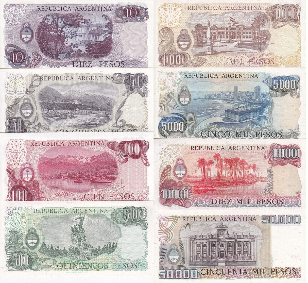 Argentina Set 8 UNC 10 50 100 - 1000 50000 Pesos ND 1976-83 P 300 301 - P 307