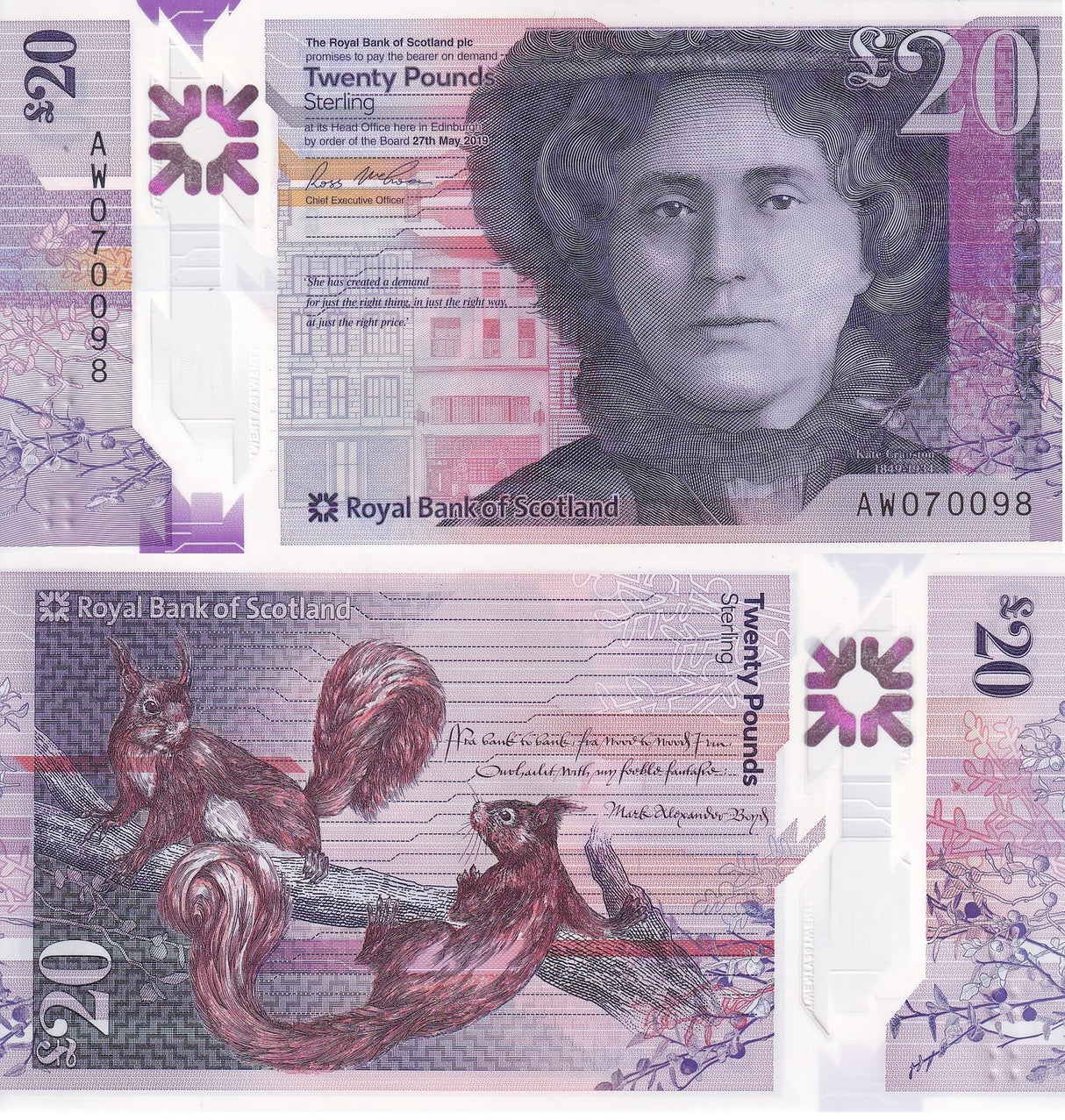 Scotland 20 Pounds 2019 Polymer P 372 Royal Bank UNC ,Kate Cranston