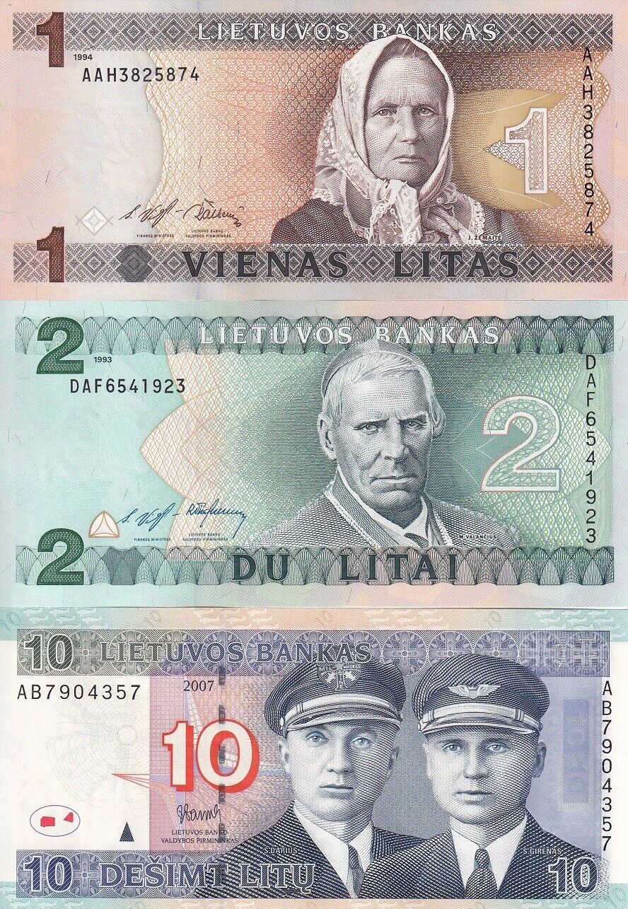 Lithuania Set 3 PCS 1 2 10 Litas 1993 1994 2007 P 53 P 54 P 68 UNC