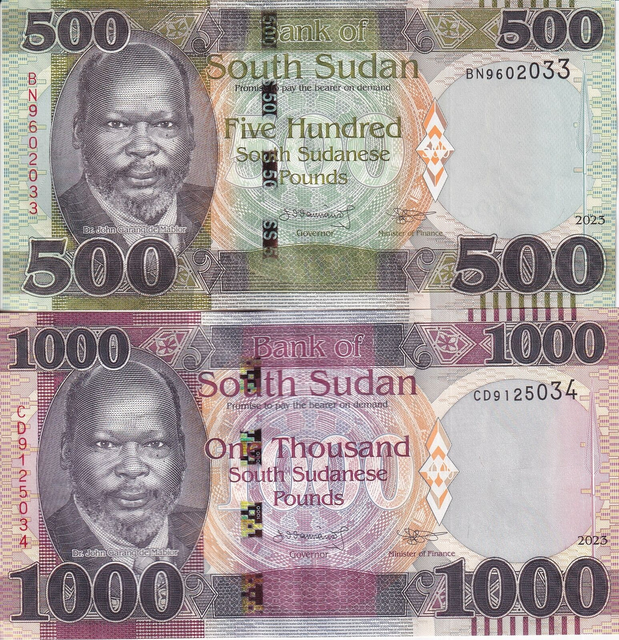 South Sudan Set 2 AUnc 500 1000 Pounds 2023 P 16 17 New Sign