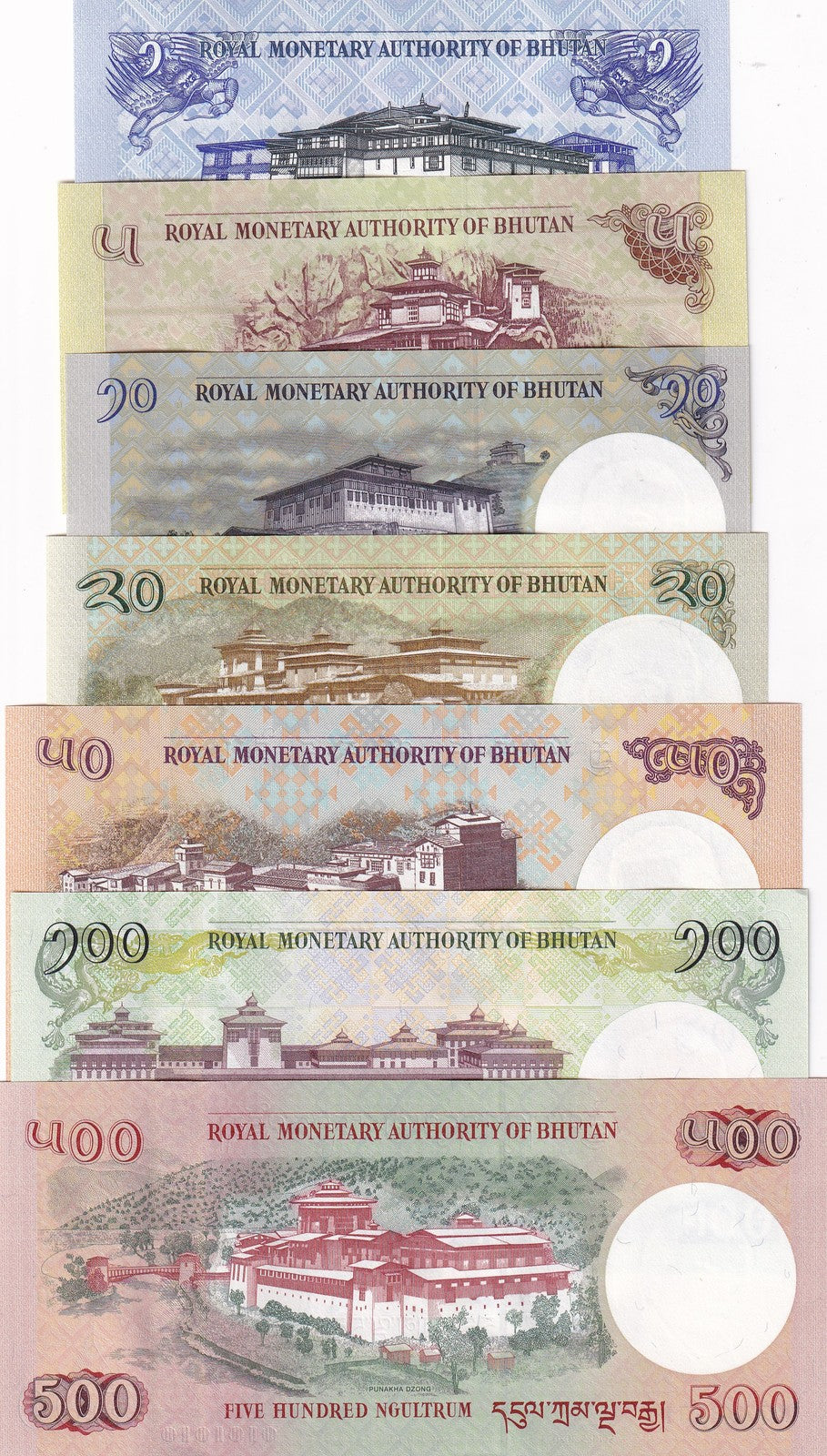 Bhutan Set 7 UNC 1 5 10 20 50 100 500 N 2013-2021 P 27 28 29 30 31 32 33