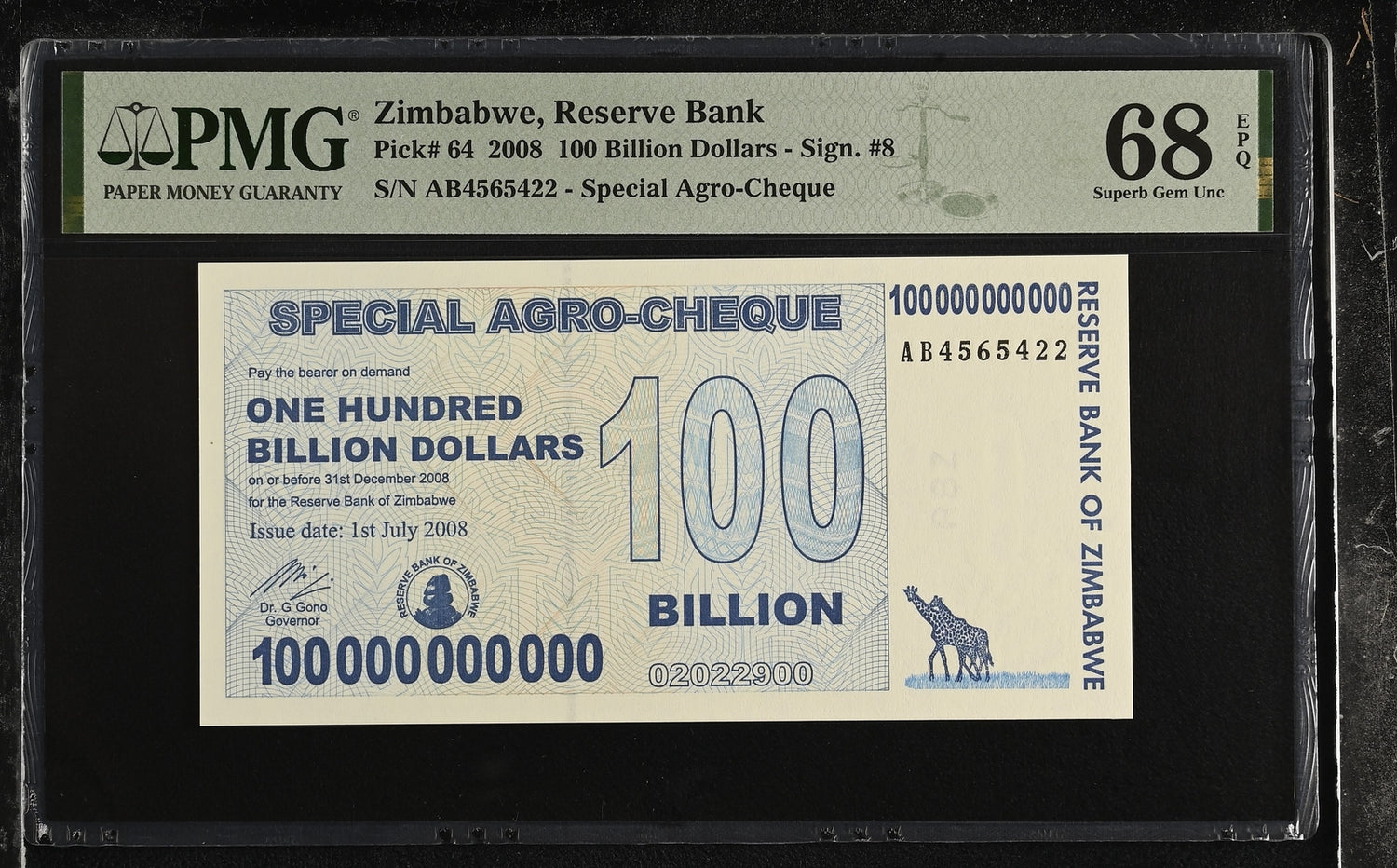 Zimbabwe 100 Billion Dollars 2008 P 64 Superb Gem UNC PMG 68 EPQ TOP POP