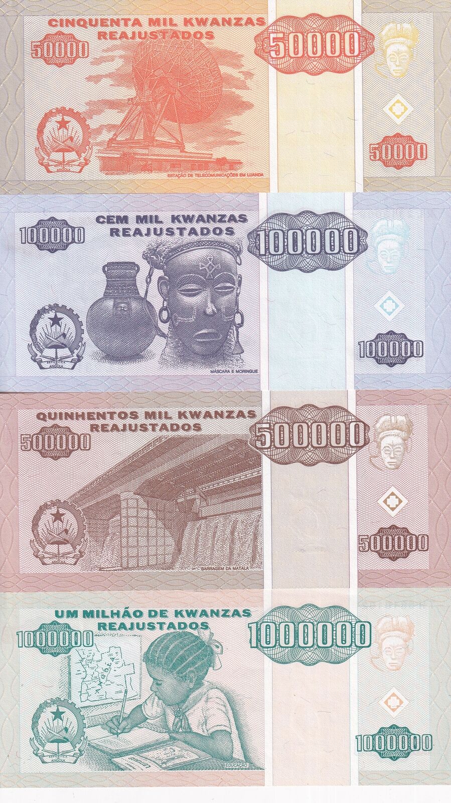 Angola Set 4, 50000 100000 500000 1000000 Kwanzas 1995 P 138 139 140 141 AUnc