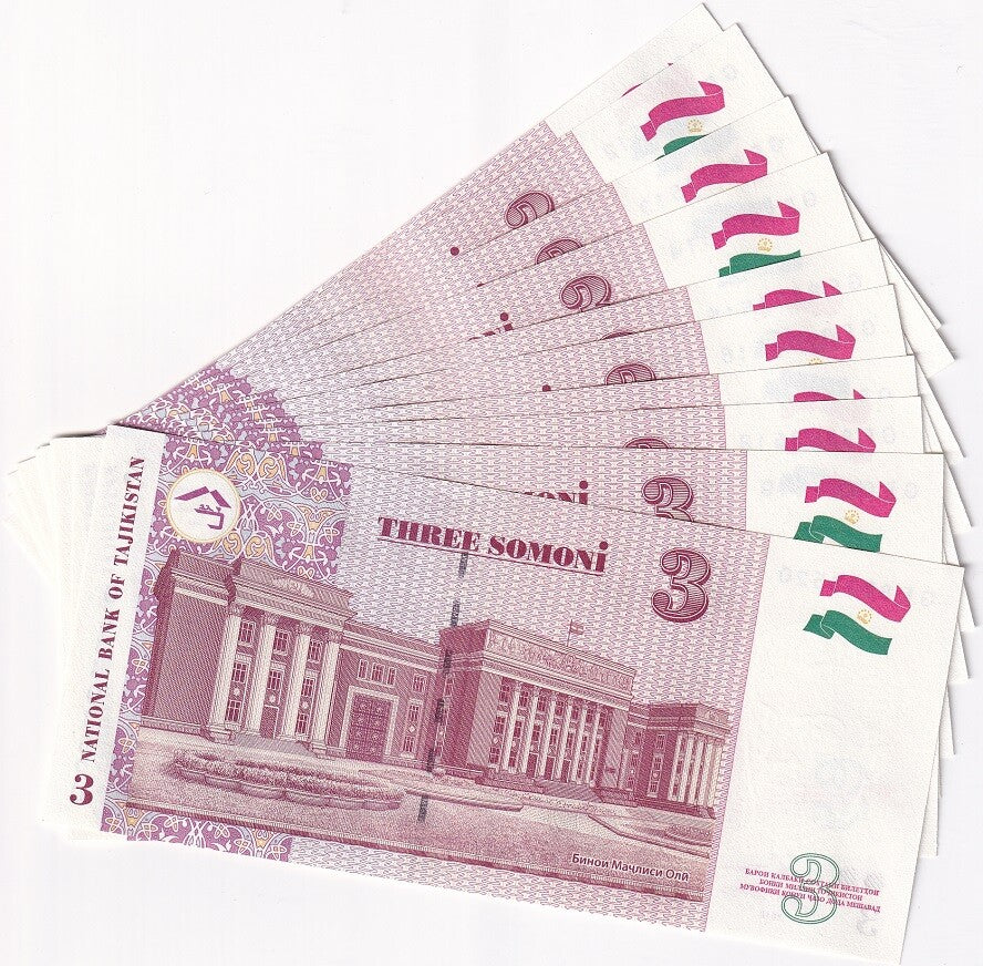 Tajikistan 3 Somoni 1999/2010 P 20 UNC LOT 10 PCS